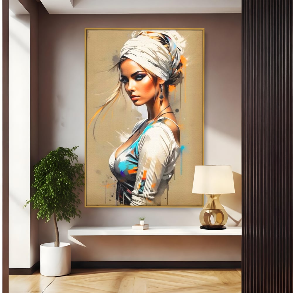 Tablou canvas cu tablou canvas cu portret de femeie, in rama de aluminiu auriu
